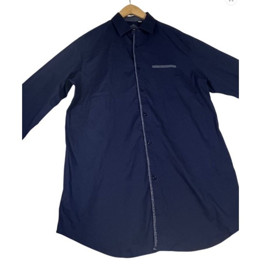 Alex Vando Mens Medium Navy Blue Long Sleeve Stretch Cotton Button Down Shirt